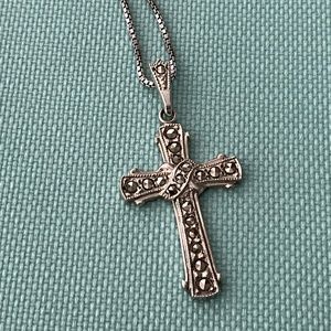 THEDA Vintage Sterling Silver (925) Marcasite Cross Pendant Necklace